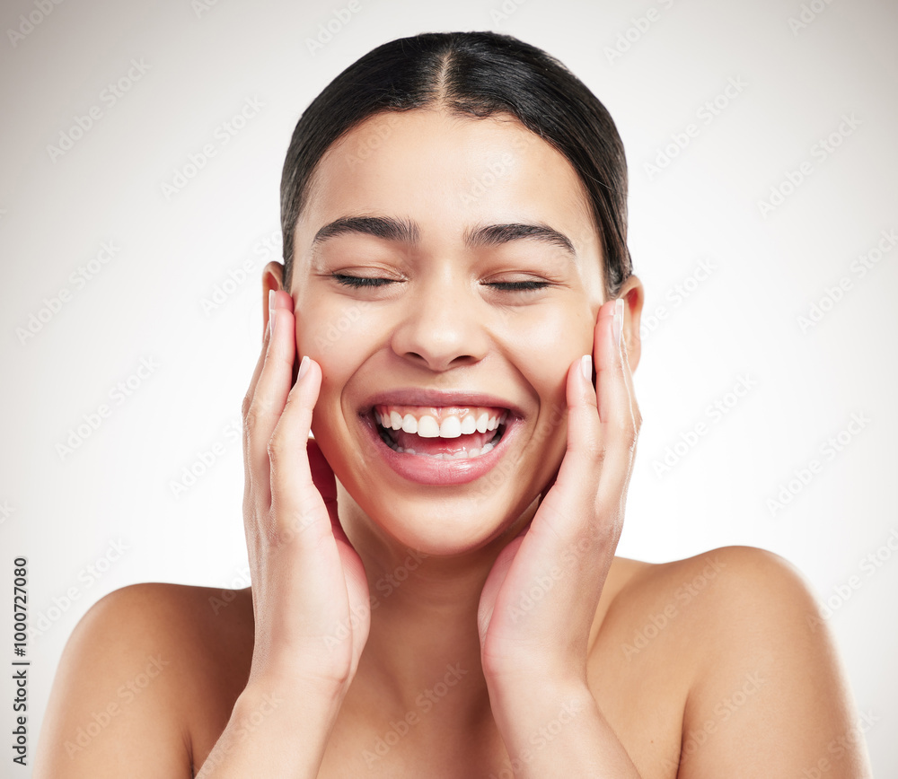 Skincare, laugh and woman in studio with natural, beauty and facial routine for glow and hydration. Health, happy and female person with face dermatology treatment for hygiene by gray background Skincare, laugh and woman in studio with natural, beauty and facial routine for glow and hydration. Health, happy and female person with face dermatology treatment for hygiene by gray background