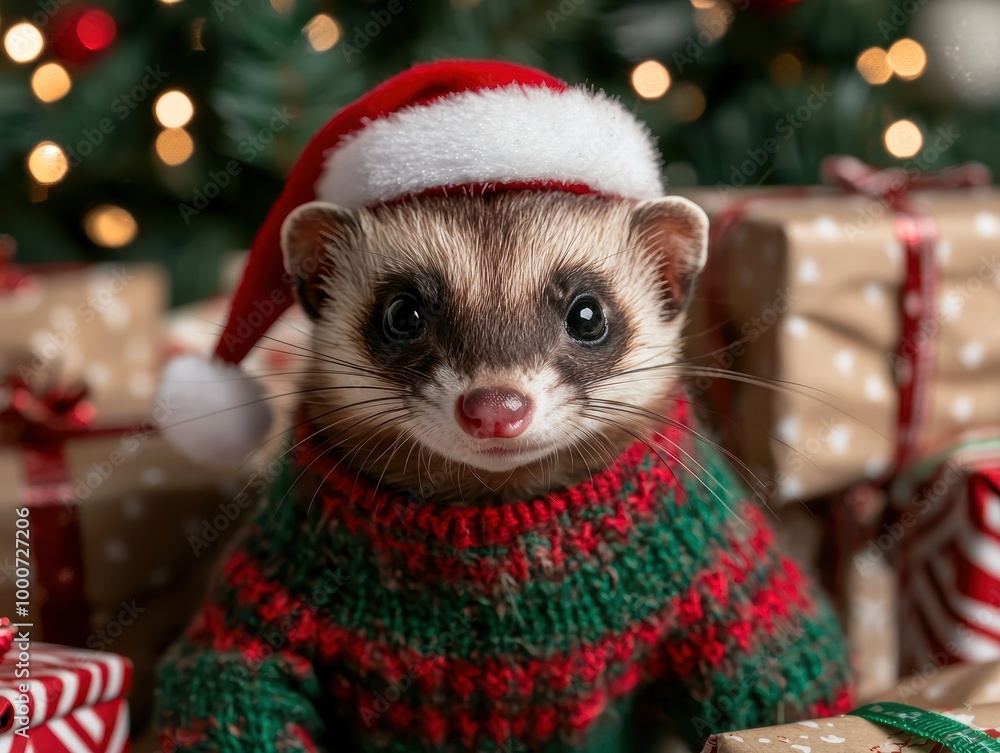 adorable ferret wearing santa hat and sweater adorable ferret wearing santa hat and sweater