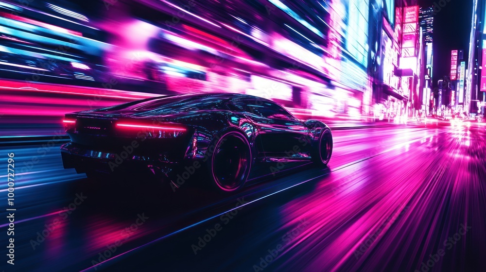 A sleek, futuristic car speeds through a vibrant neon cityscape at night. A sleek, futuristic car speeds through a vibrant neon cityscape at night.