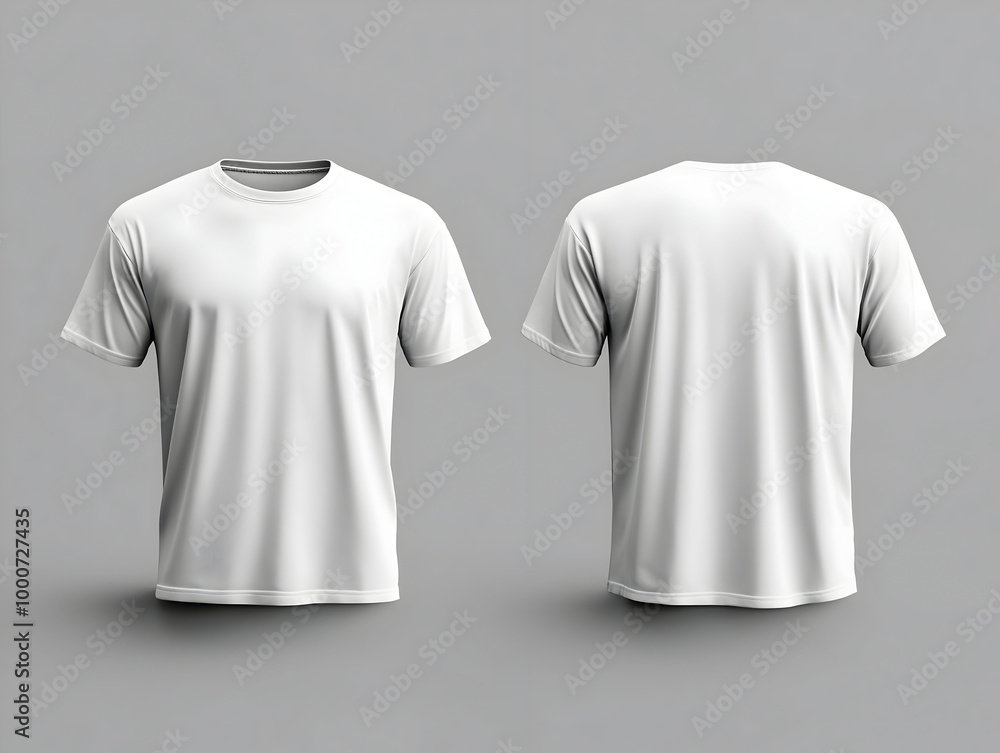 A white t-shirt mockup featuring both front and back views, showcasing a male model wearing clear, attractive apparel. This template is perfect for clothing designs or branding. A white t-shirt mockup featuring both front and back views, showcasing a male model wearing clear, attractive apparel. This template is perfect for clothing designs or branding.