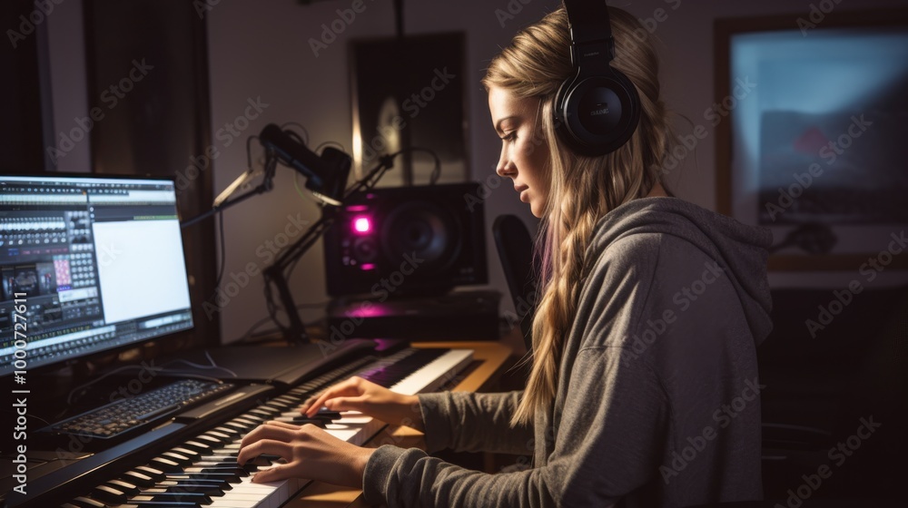 A young woman, wearing headphones, focuses intently while playing a keyboard in a dimly lit room, embodying creativity and passion in music production. A young woman, wearing headphones, focuses intently while playing a keyboard in a dimly lit room, embodying creativity and passion in music production.