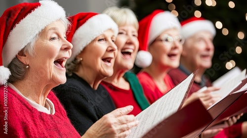 Seniors singing Christmas carols in festive attire.
