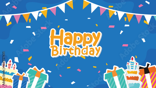 Happy birthday cake vector background design. Birthday greeting text with cake, candle, party hat, pennants and whistle decoration elements background. Vector illustration invitation card