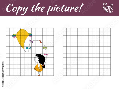 Complete the picture of cute girl with kite. Copy the picture and color it.