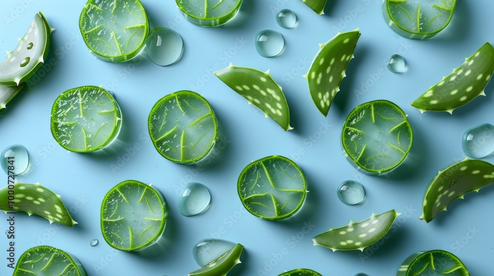 Plenty fresh aloe vera branches and slices flat lay on white table over light blue background, front view photo. Aloe vera has many benefits for heath and skin Plenty fresh aloe vera branches and slices flat lay on white table over light blue background, front view photo. Aloe vera has many benefits for heath and skin