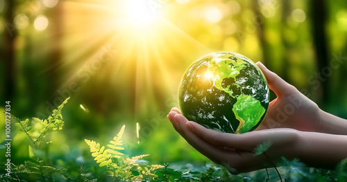 A pair of hands holding a green earth globe in a forest setting, surrounded by greenery and with the sun shining brightly in the background.