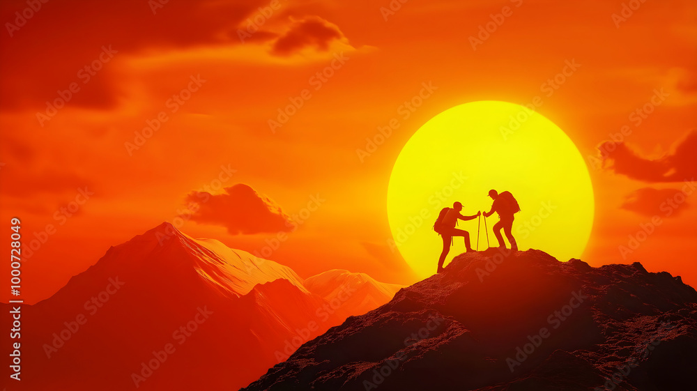 A hiker assists a friend in their journey to the mountain summit, highlighting the importance of teamwork in outdoor adventures. A hiker assists a friend in their journey to the mountain summit, highlighting the importance of teamwork in outdoor adventures.