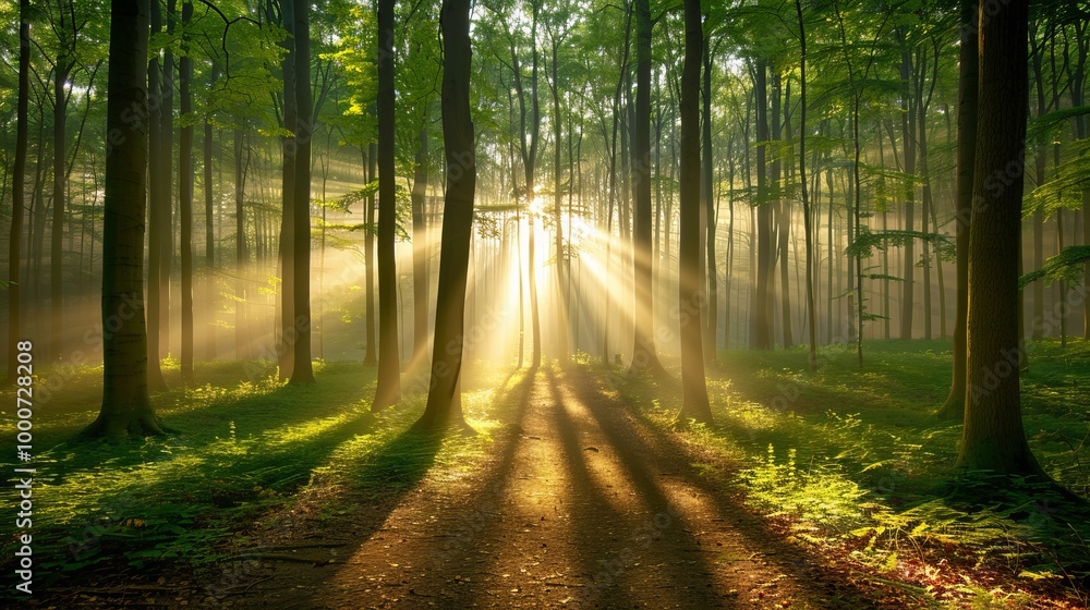 Obraz premium Sunlight streams through trees in a tranquil forest scene.