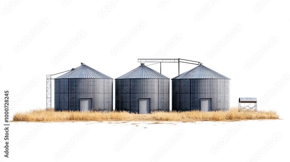 Three metal grain silos on a grassy field. Three metal grain silos on a grassy field.