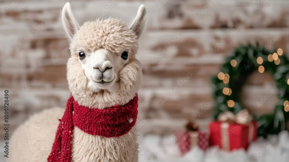 cute fluffy alpaca wearing red scarf in front of christmas tree cute fluffy alpaca wearing red scarf in front of christmas tree
