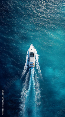 Aerial view of luxury motor boat. Speed boat on the azure sea in turquoise blue water - birdseye aerial view of boat. aerial view