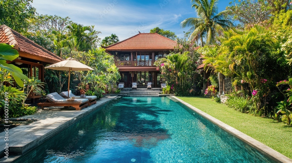 A luxurious Bali-style home with an inviting swimming pool and a beautifully landscaped garden, rich with tropical plants and greenery. A luxurious Bali-style home with an inviting swimming pool and a beautifully landscaped garden, rich with tropical plants and greenery.