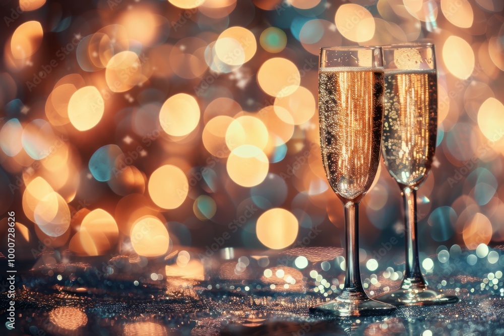 Two Champagne Glasses with Golden Bokeh Lights in Background, Festive and Elegant Celebration
Two Champagne Glasses with Golden Bokeh Lights in Background, Festive and Elegant Celebration