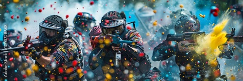 A group of teenagers playing paintball with protective gear