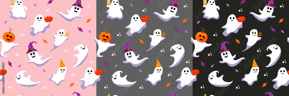 Set of vector seamless pattern. Cute halloween ghost. Different characters on pink, grey, black background. Set of vector seamless pattern. Cute halloween ghost. Different characters on pink, grey, black background.