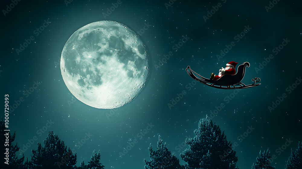 Santa Claus flying in his sleigh over the moon Santa Claus flying in his sleigh over the moon