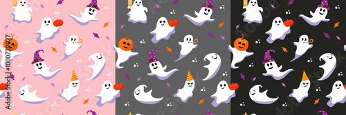 Set of vector seamless pattern. Cute halloween ghost. Different characters on pink, grey, black background.