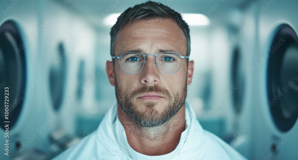 Portrait of a serious-looking man with glasses and a beard Portrait of a serious-looking man with glasses and a beard