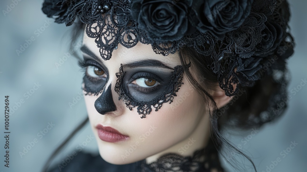 mysterious woman with dark lace mask and roses mysterious woman with dark lace mask and roses