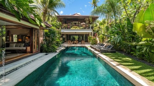 A stunning Bali-style house with a turquoise swimming pool, nestled in a garden of tropical plants and palm trees for a serene outdoor space.