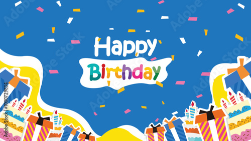 Happy birthday cake vector background design. Birthday greeting text with cake, candle, party hat, pennants and whistle decoration elements background. Vector illustration invitation card