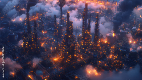 Evening picture of the refinery. AI generative.