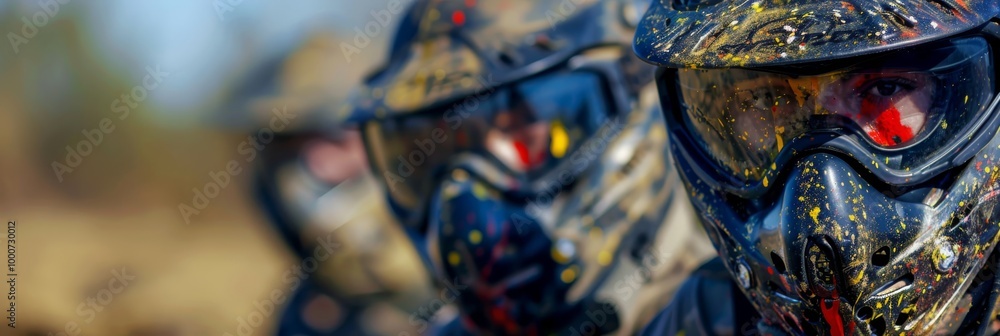 Fototapeta premium A group of teenagers playing paintball with protective gear
