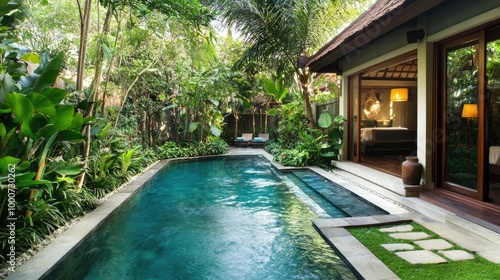 Wallpaper Mural A tranquil Bali-style home featuring a private swimming pool and a lush green garden filled with tropical plants and natural stone pathways. Torontodigital.ca