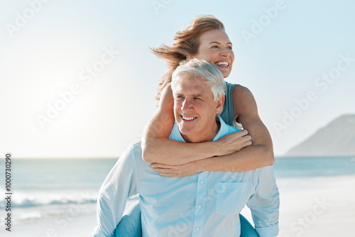 Love, piggyback and walking with old couple at beach for travel destination, summer and anniversary vacation. Relax, tropical and retirement with senior people for holiday, bonding and romance #1000730290