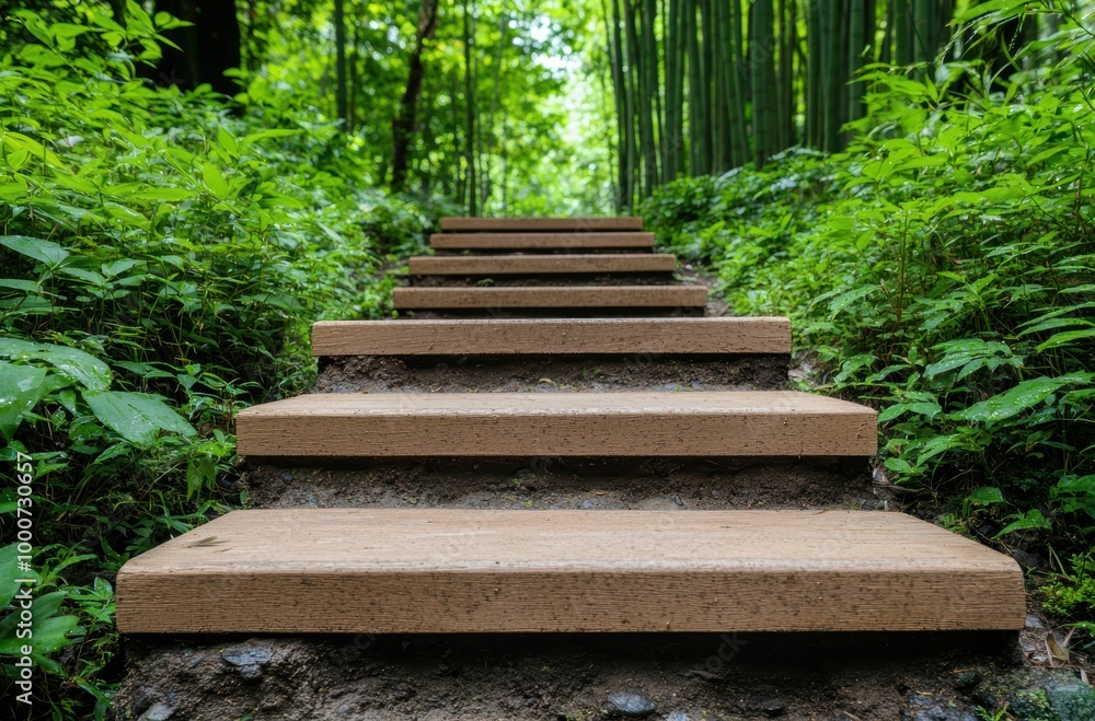 Wooden steps leading through lush green forest Wooden steps leading through lush green forest