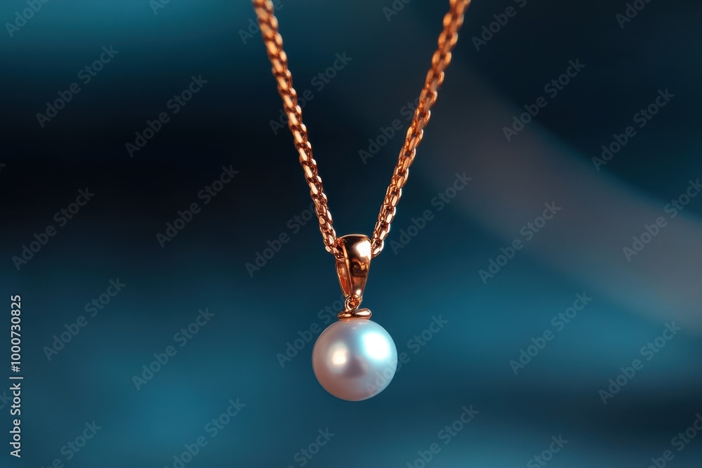 A delicate gold necklace adorned with a lustrous pearl pendant, set against a soft blue background. A delicate gold necklace adorned with a lustrous pearl pendant, set against a soft blue background.