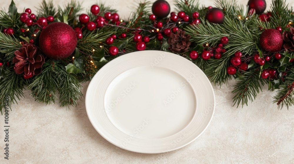 christmas table setting with white plate and holiday decor christmas table setting with white plate and holiday decor
