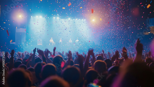 A vibrant concert scene with a lively crowd, illuminated by colorful stage lights and showered in confetti, creating an energetic and festive atmosphere.






