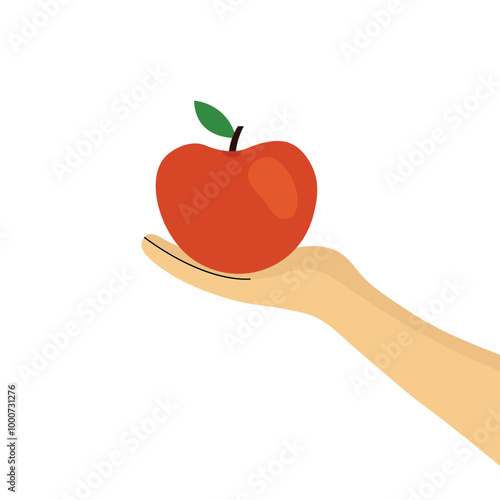 Minimalist illustration of a hand holding red apple with green leaf.
