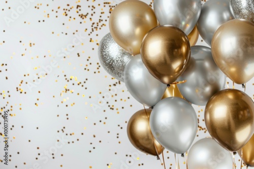 Gold and Silver Balloons with Confetti on Light Background, Glamorous and Festive Celebration