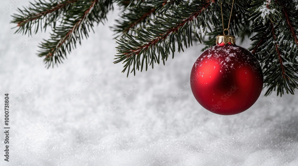 Festive Christmas ornament hanging on snowy pine branch Festive Christmas ornament hanging on snowy pine branch