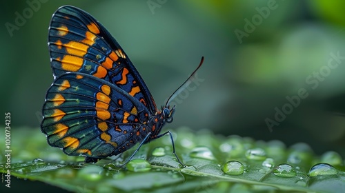 Procilla Beauty, Panacea procilla, blue butterfly from Colombia. Blue orange nice insect in the nature habitat, beauty on the green leave in the forest. Nature wildlife. 