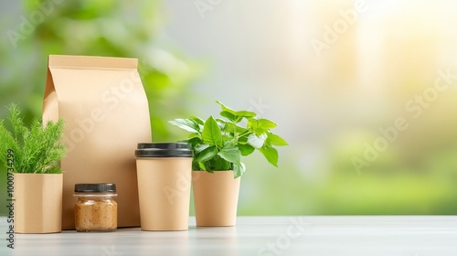 A serene arrangement of potted plants and eco-friendly packaging, showcasing a harmonious blend of nature and sustainability.