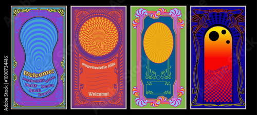 Psychedelic Poster Set, 1960s Hippie Music Style Colorful Placards, Vector Templates for Musical Posters, Covers, Invitations