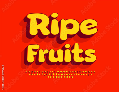 Vector bright advertisement Ripe Fruits. Creative 3D Font. Modern Alphabet Letters and Numbers set.
