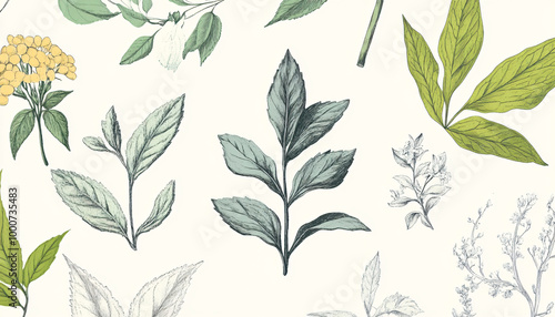 Hand-drawn vintage illustrations of different plant species, paired with soft, muted colors for a calming and artistic vibe