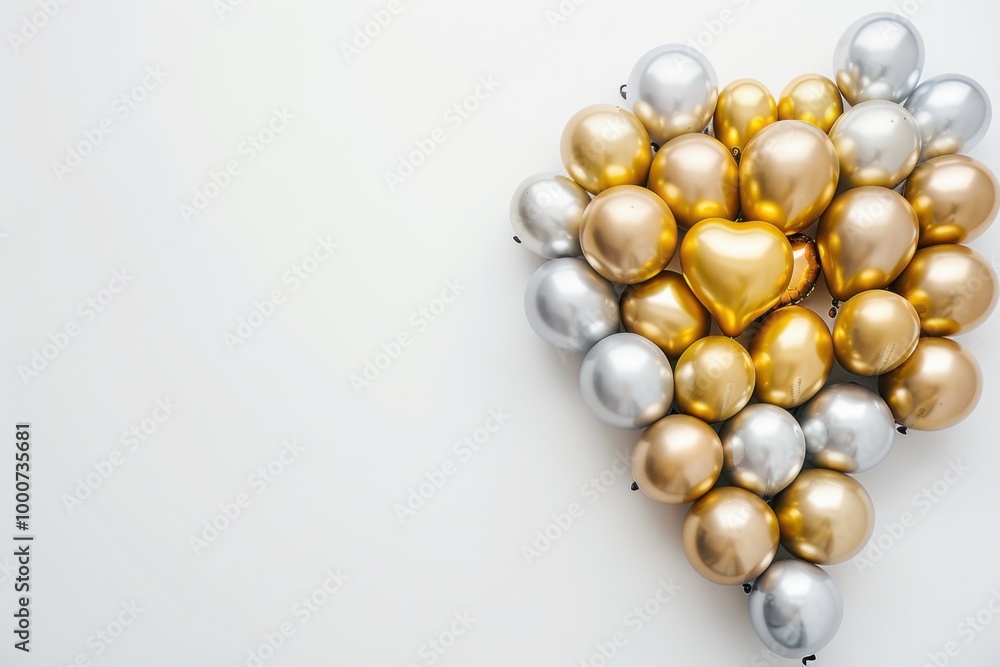 Gold and Silver Balloons with Lights on White Background, Festive and Elegant Celebration
Gold and Silver Balloons with Lights on White Background, Festive and Elegant Celebration