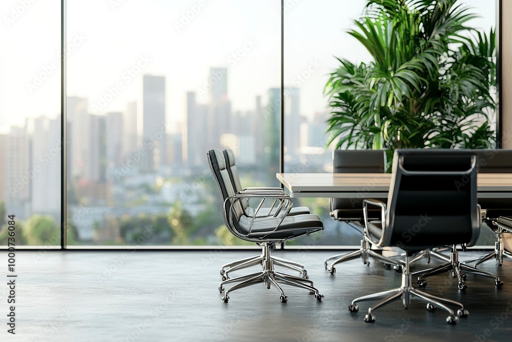 Modern conference room with empty table, chairs, and a plant, against cityscape background, concept of business meeting space. 3D Rendering generative ai Modern conference room with empty table, chairs, and a plant, against cityscape background, concept of business meeting space. 3D Rendering generative ai
