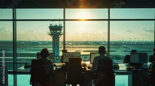 Diverse Air Traffic Control Team Working in a Modern Airport Tower. Office Room is Full of Desktop Computer Displays with Navigation Screens, Airplane Departure and Arrival Data for Controllers