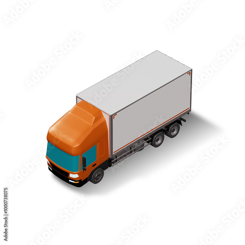 3D Isometric Cargo Truck Photoreal Vector Illustration Modern Orange Cabine and White Van Intercity Delivery Vehicle 6x4 Design for Logistics Transport Presentation Social Media Video Promo Front Left photo