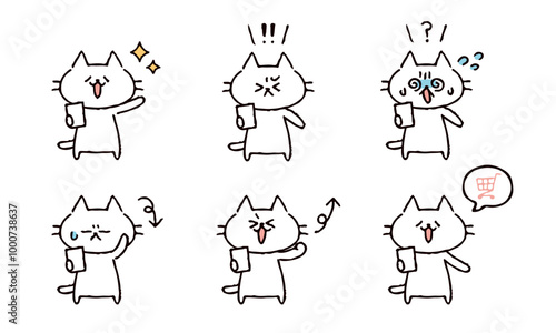 スマホを持った猫のイラストセット