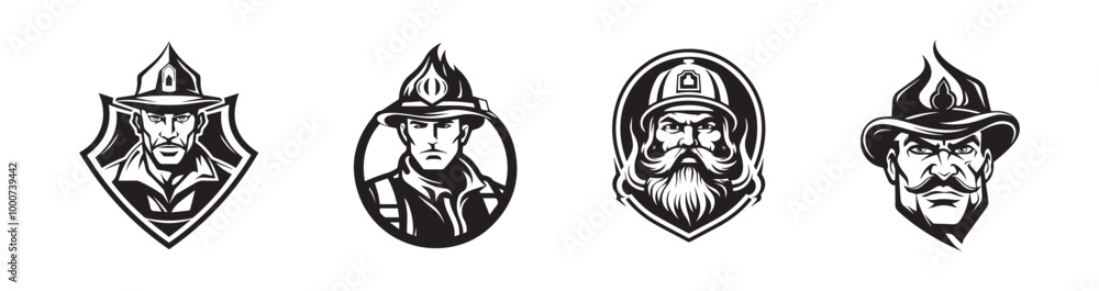 Fototapeta premium Black and white firefighter emblems isolated on a white background. Concept of fireman illustrations, rescue heroes, safety, emergency response. Print, icon, design elements. Set
