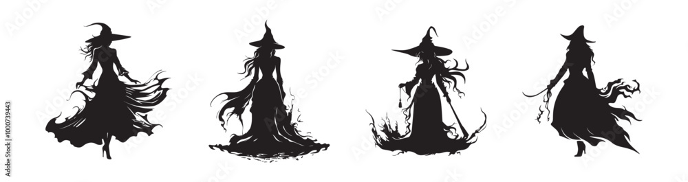 Fototapeta premium Black silhouette of witches in flowing robes isolated on a white background. Concept of magic, Halloween, mystical figures, witchcraft. Print, icon, design element. Set