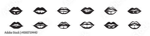 Set of black silhouette lips isolated on a white background. Concept of lip illustrations, mouth expressions, minimalist style, cute lips. Print, icon, design elements