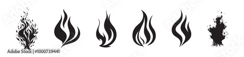 Black Silhouette Flame Illustrations Isolated on White Background. Concept of Fire Design, Elemental Art, Abstract Blaze, Minimalist Decoration. Print, Icon, Design Element. Set